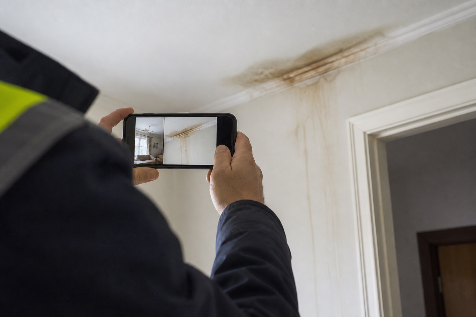 Inspector photographing water staining at a ceiling-to-wall joint